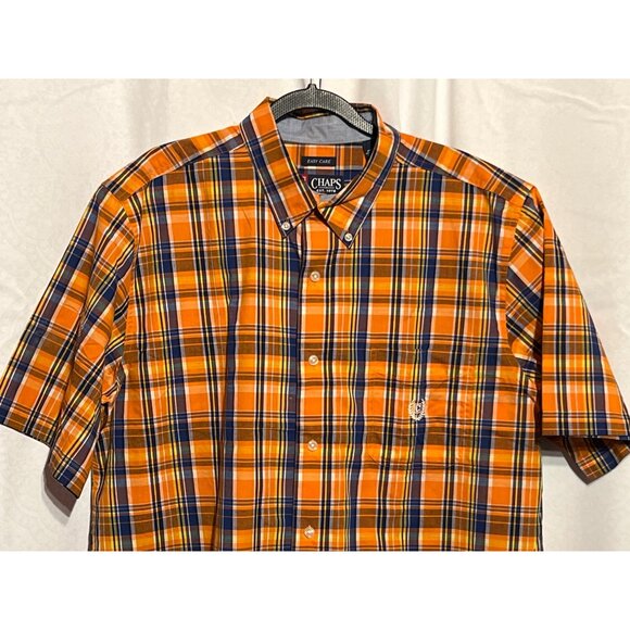 Chaps Mens Plaid Button-Down Shirt Size L Orange/Blue Short Sleeve Easy Care Cot - Picture 3 of 9